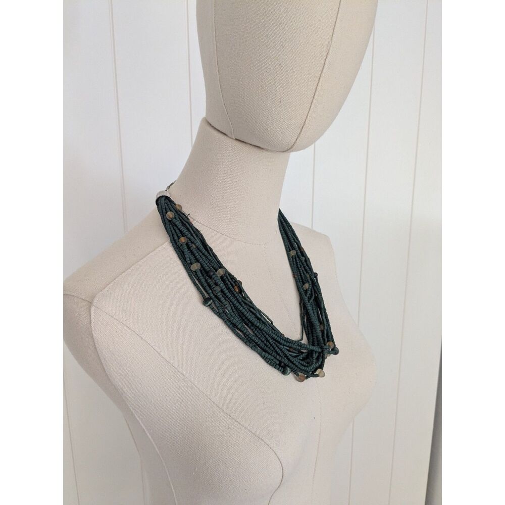Boho Multi String Wooden Beads Necklace, Green, Brown, Vintage